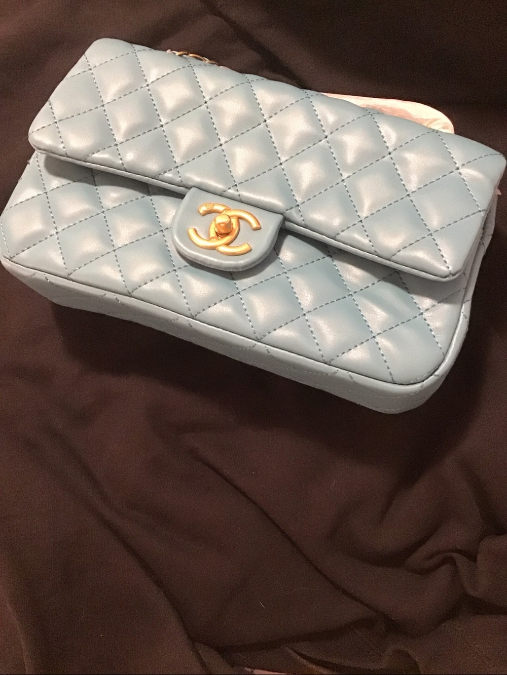 CHANEL blue with antique gold hardware Quilted double flap Shoulder Bag